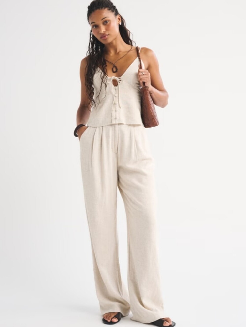 Abercrombie Fitch Sloane Tailored Pant Womens 28 Beige Linen Blend Wide Leg